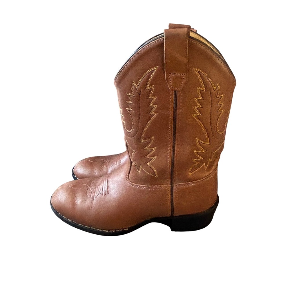 Old West Kids Leather Cowboy Boots Size 2.5 D Brown Western Tan Gold Stitching‎